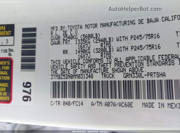 3TMBZ5DN0MM031348 2021 TOYOTA TACOMA Белый Вид подкапотного пространства