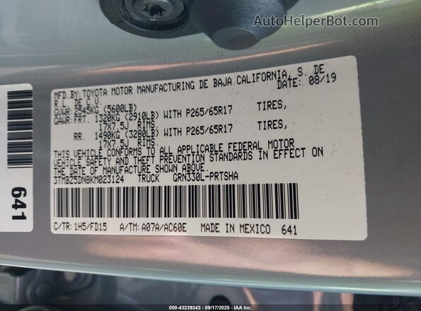 3TMBZ5DN8KM023124 2019 TOYOTA TACOMA Gray Engine compartment view