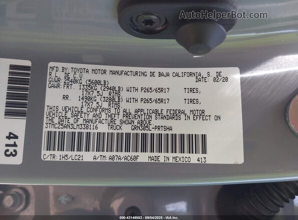 3TMCZ5AN3LM338116 2020 TOYOTA TACOMA Gray Вид підкапотного простору