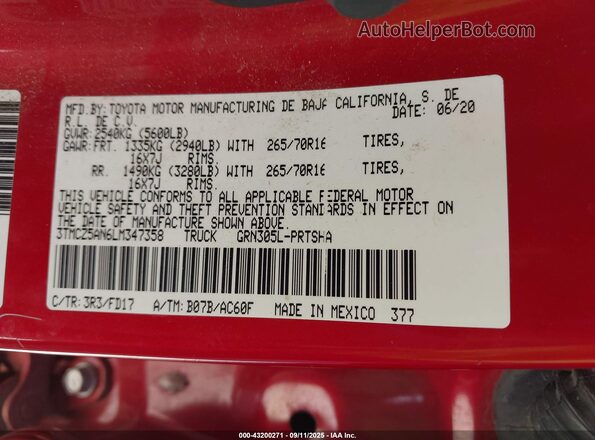 3TMCZ5AN6LM347358 2020 TOYOTA TACOMA Красный Вид подкапотного пространства