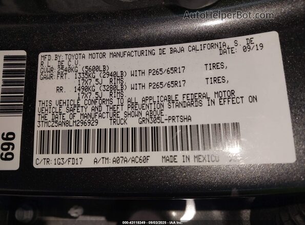 3TMCZ5AN8LM296929 2020 TOYOTA TACOMA Gray Engine compartment view