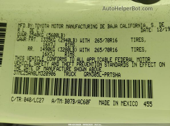 3TMCZ5AN8LM320906 2020 TOYOTA TACOMA White Vista del compartimento del motor