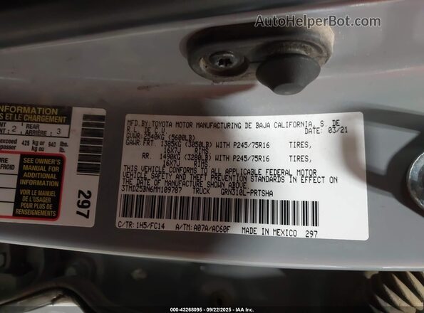 3TMDZ5BN6MM109787 2021 TOYOTA TACOMA Серый 