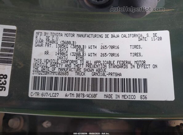 3TMDZ5BN7MM102685 2021 TOYOTA TACOMA Зеленый Вид подкапотного пространства