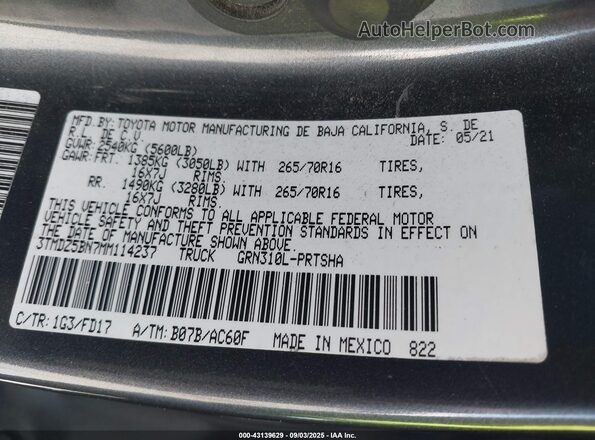 3TMDZ5BN7MM114237 2021 TOYOTA TACOMA Gray Շարժիչի բաժամունքի տեսք