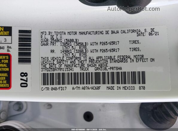 3TMDZ5BN7MM115341 2021 TOYOTA TACOMA White Widok komory silnika