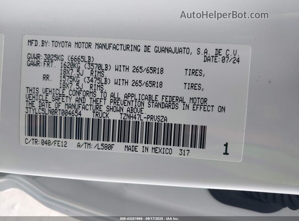 3TYLC5LN0RT004654 2024 TOYOTA TACOMA HYBRID White Вид підкапотного простору