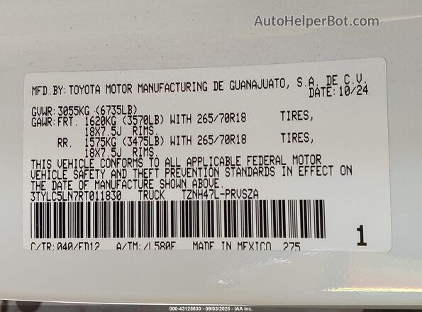 3TYLC5LN7RT011830 2024 TOYOTA TACOMA HYBRID Белый Вид подкапотного пространства