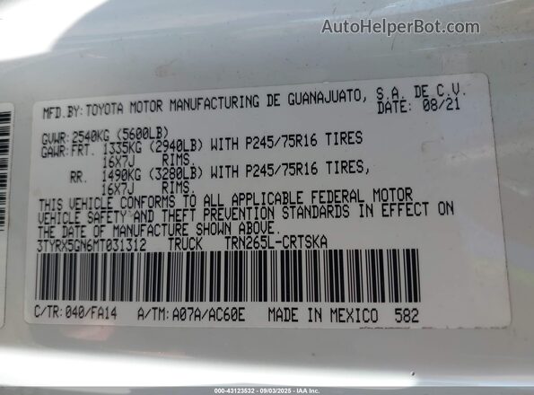 3TYRX5GN6MT031312 2021 TOYOTA TACOMA White Вид підкапотного простору