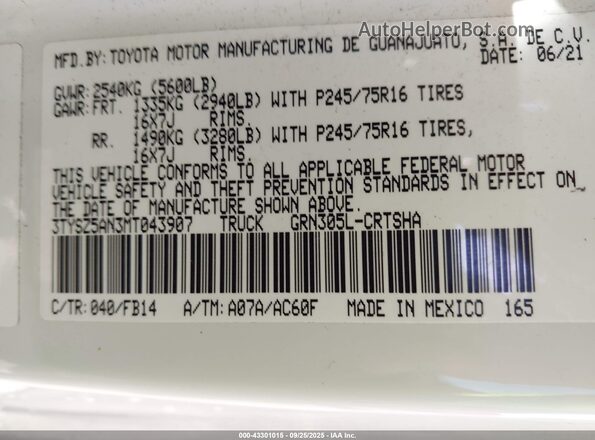 3TYSZ5AN3MT043907 2021 TOYOTA TACOMA White 