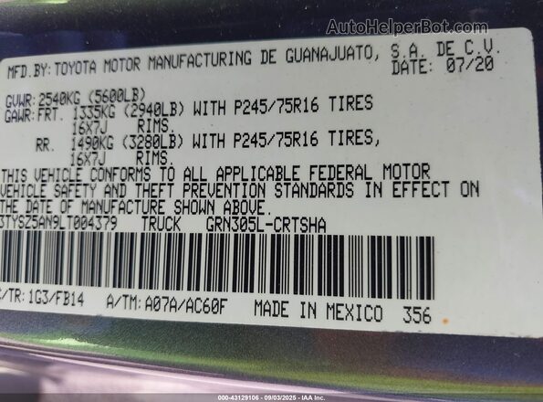 3TYSZ5AN9LT004379 2020 TOYOTA TACOMA Gray Vista del compartimento del motor