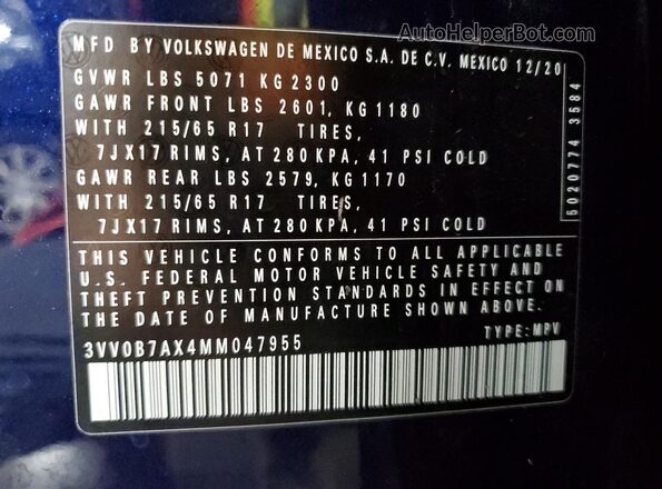3VV0B7AX4MM047955 2021 VOLKSWAGEN TIGUAN Blue VIN sticker view