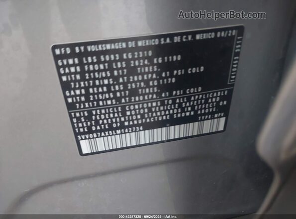 3VV0B7AX5LM142734 2020 VOLKSWAGEN TIGUAN Silver Вид підкапотного простору