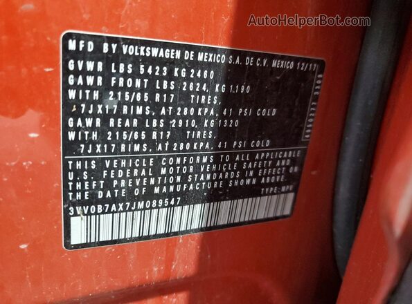 3VV0B7AX7JM089547 2018 VOLKSWAGEN TIGUAN Orange 