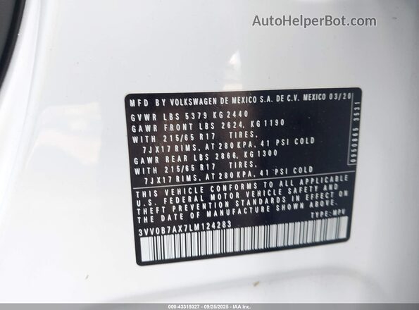 3VV0B7AX7LM124283 2020 VOLKSWAGEN TIGUAN White Vista del compartimento del motor