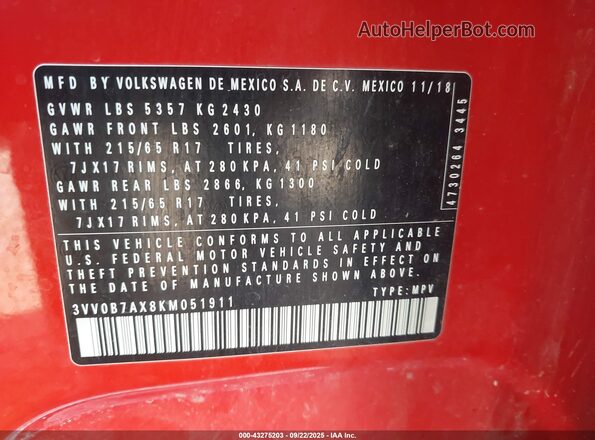 3VV0B7AX8KM051911 2019 VOLKSWAGEN TIGUAN Orange Widok komory silnika