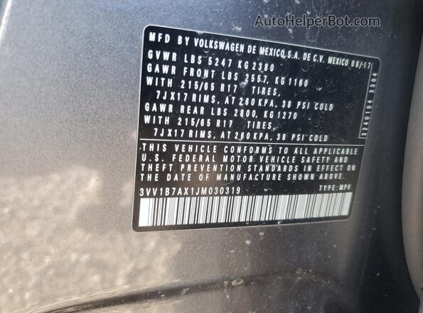 3VV1B7AX1JM030319 2018 VOLKSWAGEN TIGUAN Серый 