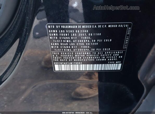 3VV1B7AX1LM170552 2020 VOLKSWAGEN TIGUAN Black Вид підкапотного простору