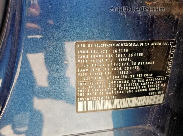 3VV1B7AX2JM058100 2018 VOLKSWAGEN TIGUAN Blue 