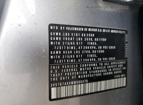 3VV1B7AX4MM086470 2021 VOLKSWAGEN TIGUAN Silver VIN կոդի պիտակի տեսք