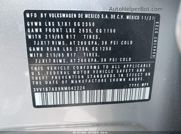 3VV1B7AX9NM042224 2022 VOLKSWAGEN TIGUAN Серый Вид подкапотного пространства