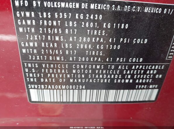 3VV2B7AX0KM080294 2019 VOLKSWAGEN TIGUAN Красный Вид подкапотного пространства