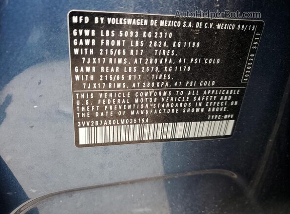 3VV2B7AX0LM035194 2020 VOLKSWAGEN TIGUAN Blue სალონის 360-გრადუსიანი ხედი