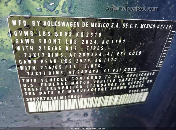 3VV2B7AX0LM115661 2020 VOLKSWAGEN TIGUAN Синий Вид подкапотного пространства