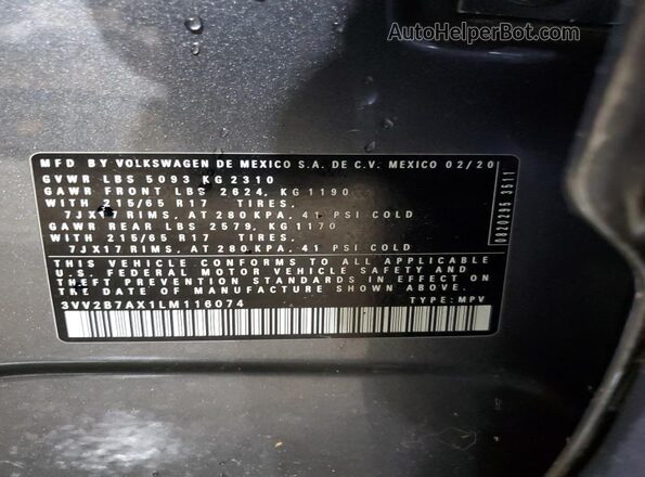 3VV2B7AX1LM116074 2020 VOLKSWAGEN TIGUAN Gray 360 interior view