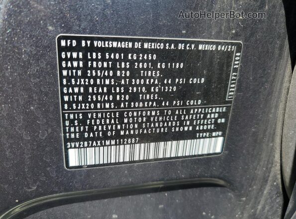 3VV2B7AX1MM112687 2021 VOLKSWAGEN TIGUAN Gray Вид наклейки з VIN-кодом