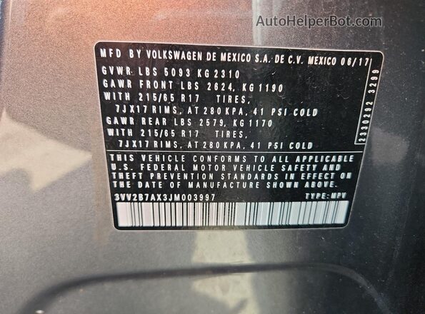 3VV2B7AX3JM003997 2018 VOLKSWAGEN TIGUAN Gray 