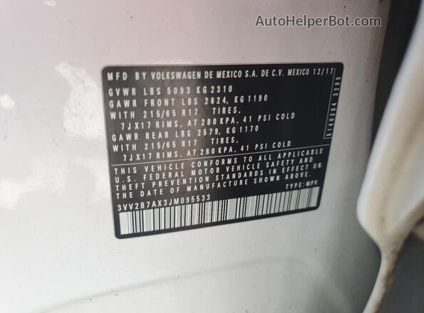 3VV2B7AX3JM095533 2018 VOLKSWAGEN TIGUAN White 