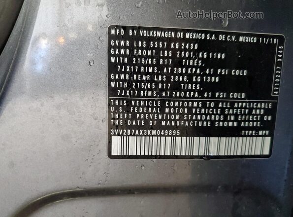 3VV2B7AX3KM049895 2019 VOLKSWAGEN TIGUAN Gray Widok naklejki z numerem VIN