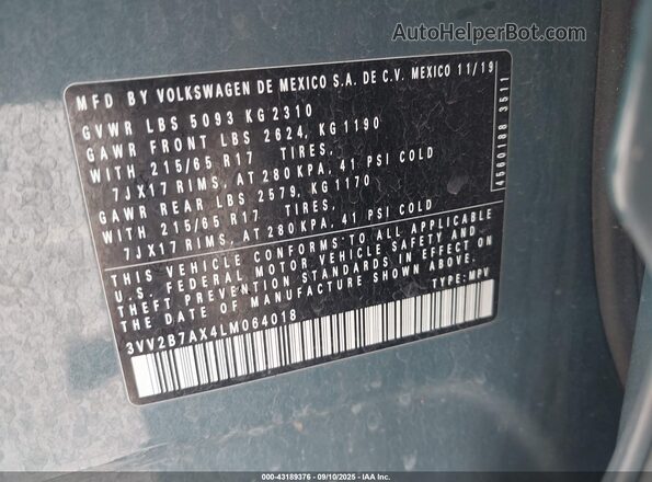 3VV2B7AX4LM064018 2020 VOLKSWAGEN TIGUAN Light Blue Вид підкапотного простору