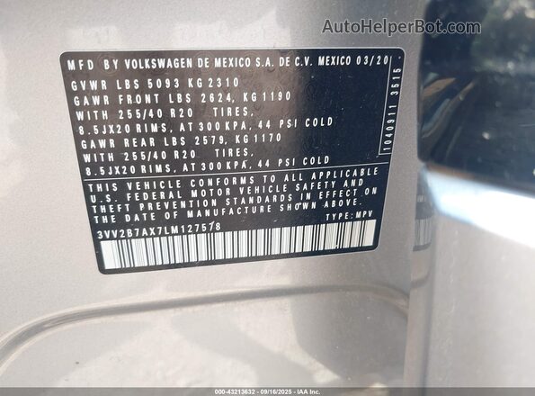 3VV2B7AX7LM127578 2020 VOLKSWAGEN TIGUAN Gray Շարժիչի բաժամունքի տեսք