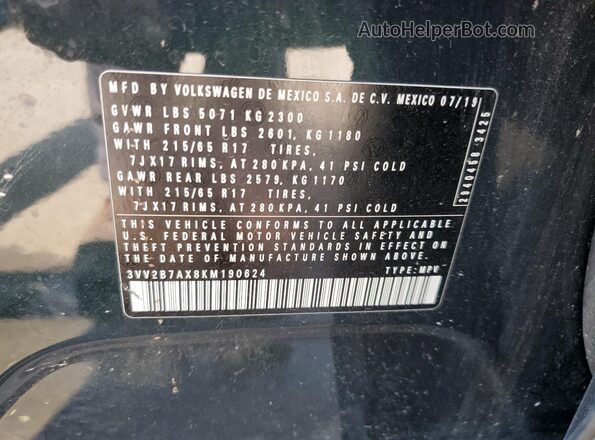 3VV2B7AX8KM190624 2019 VOLKSWAGEN TIGUAN Green 360 interior view