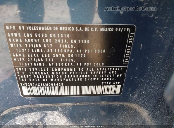 3VV2B7AX8LM006428 2020 VOLKSWAGEN TIGUAN Blue Вид підкапотного простору