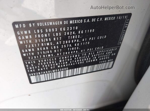 3VV2B7AX8LM043690 2020 VOLKSWAGEN TIGUAN White Engine compartment view