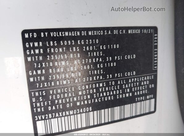 3VV2B7AX8NM034006 2022 VOLKSWAGEN TIGUAN White ძრავის განყოფილების ხედი