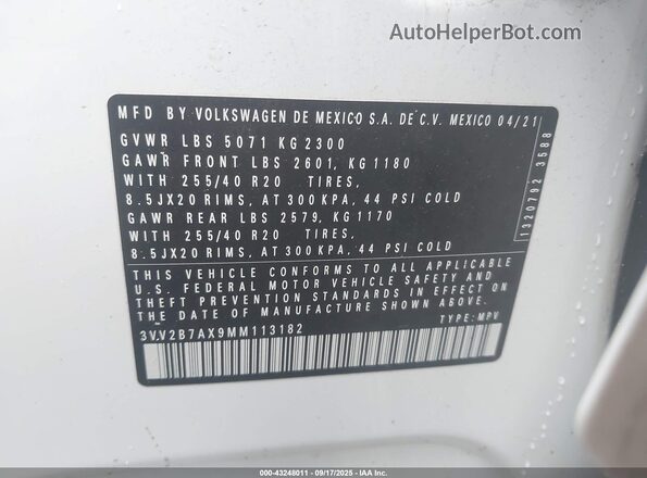 3VV2B7AX9MM113182 2021 VOLKSWAGEN TIGUAN White Вид підкапотного простору