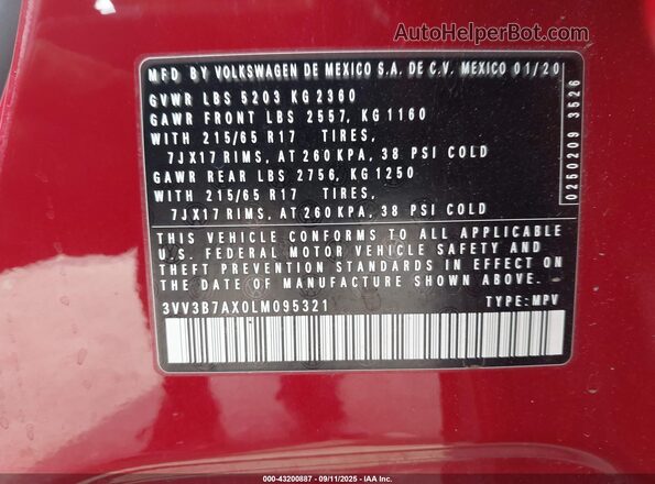 3VV3B7AX0LM095321 2020 VOLKSWAGEN TIGUAN Red Engine compartment view