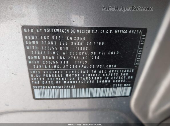 3VV3B7AX0NM172434 2022 VOLKSWAGEN TIGUAN Silver Вид підкапотного простору
