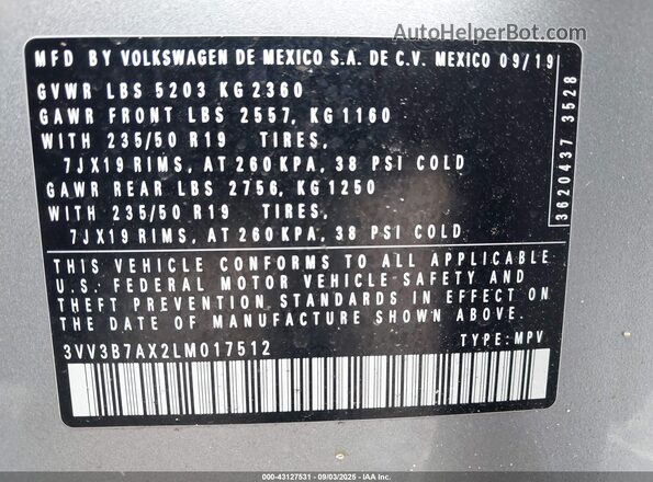 3VV3B7AX2LM017512 2020 VOLKSWAGEN TIGUAN Silver Engine compartment view