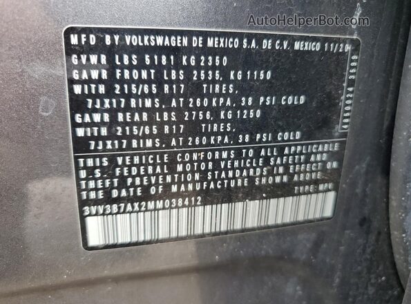 3VV3B7AX2MM038412 2021 VOLKSWAGEN TIGUAN Charcoal VIN sticker view