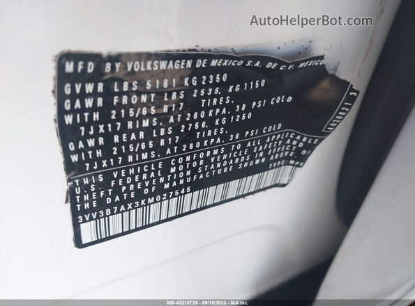 3VV3B7AX3KM027545 2019 VOLKSWAGEN TIGUAN White Widok komory silnika