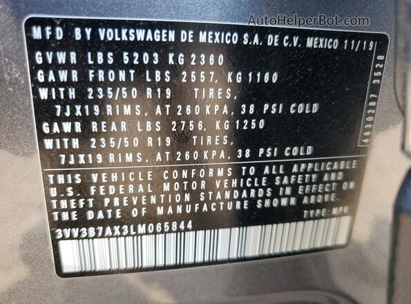3VV3B7AX3LM065844 2020 VOLKSWAGEN TIGUAN Gray Вид підкапотного простору