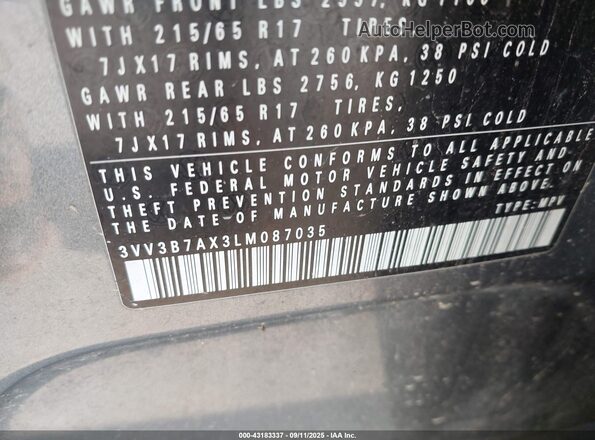 3VV3B7AX3LM087035 2020 VOLKSWAGEN TIGUAN Gray Вид підкапотного простору