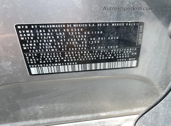 3VV3B7AX3MM116549 2021 VOLKSWAGEN TIGUAN Silver სალონის 360-გრადუსიანი ხედი