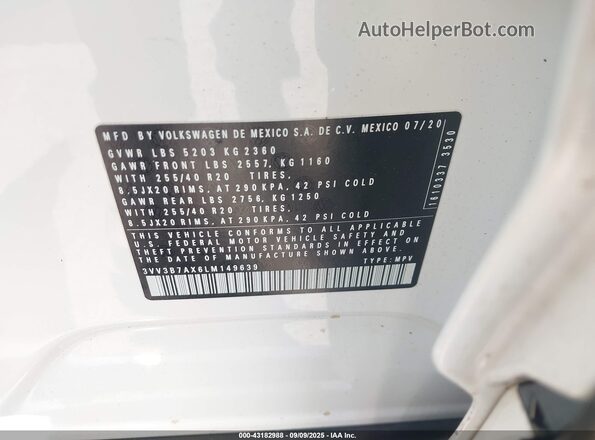3VV3B7AX6LM149639 2020 VOLKSWAGEN TIGUAN Белый Вид подкапотного пространства