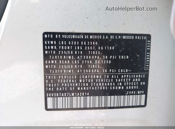 3VV3B7AX7LM142814 2020 VOLKSWAGEN TIGUAN White Engine compartment view